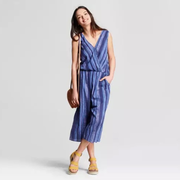 blue pinstripe jumpsuit